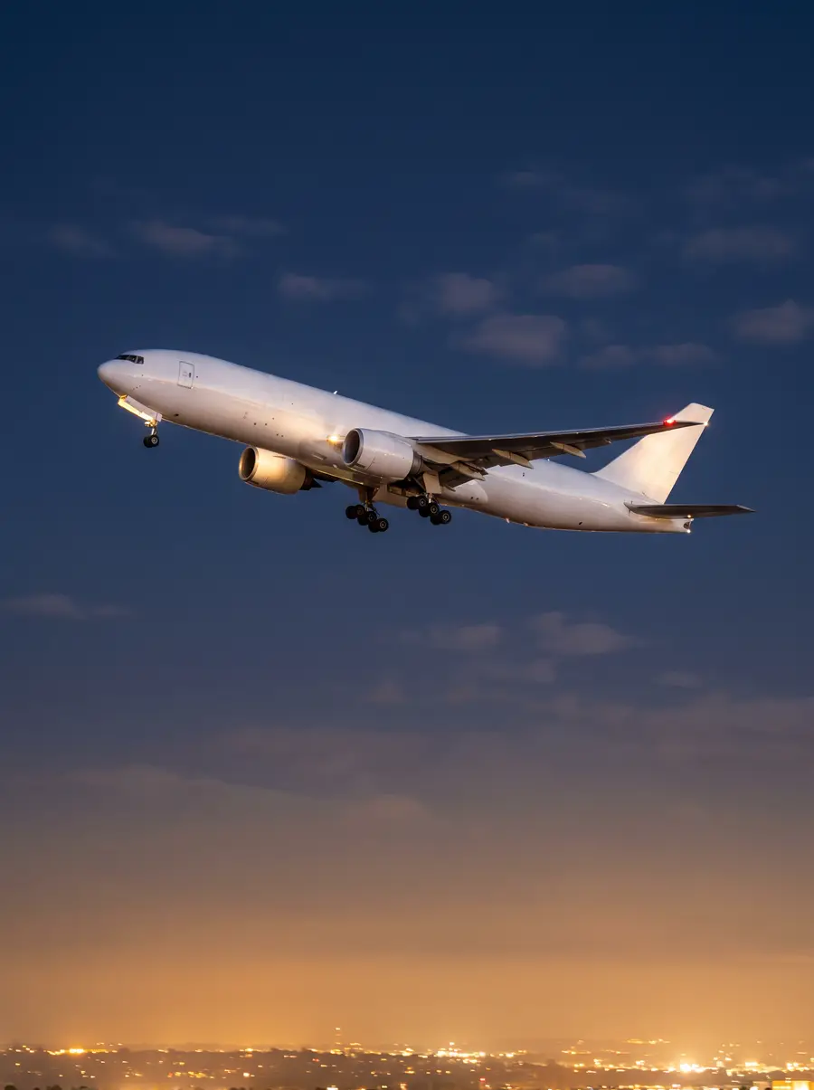 Avião de carga decolando ao entardecer
